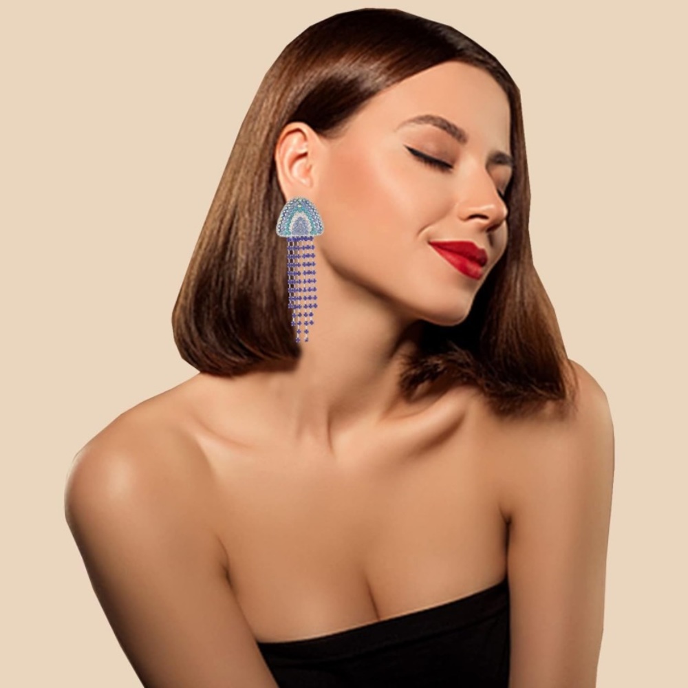 NEW! Statement Earrings Long Tassel Unique Rhinestone Drop Crystal Dangling Blue - Picture 8 of 10